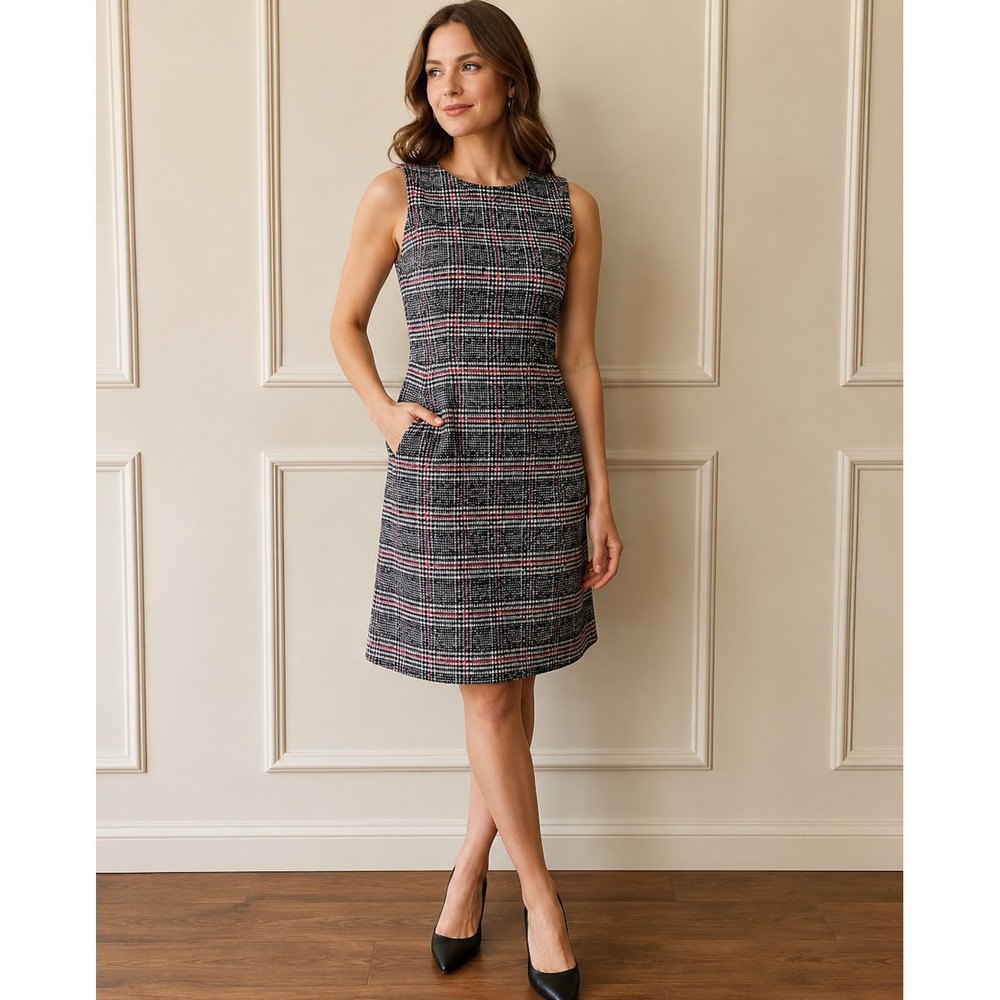 Talbots Glen Plaid Tweed Sheath‎ Dress Sleeveless Pockets Red Black 10P Heritage